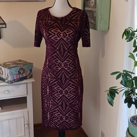 Kelly Renee Geometric Patterned Burgundy Burnt Out Velvet Dress - Picture 5 of 9